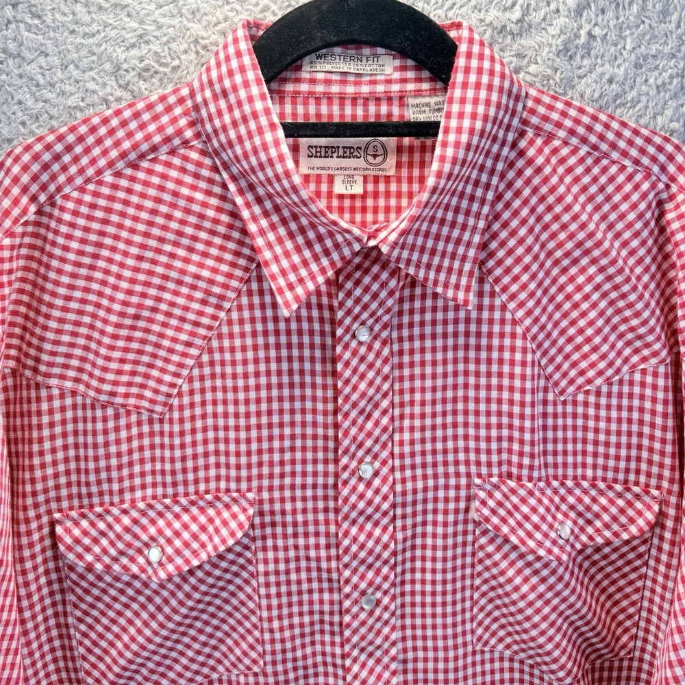 Vintage Sheplers Mens Western Pearl Snap Shirt LT Red White Gingham Cowboy Rodeo